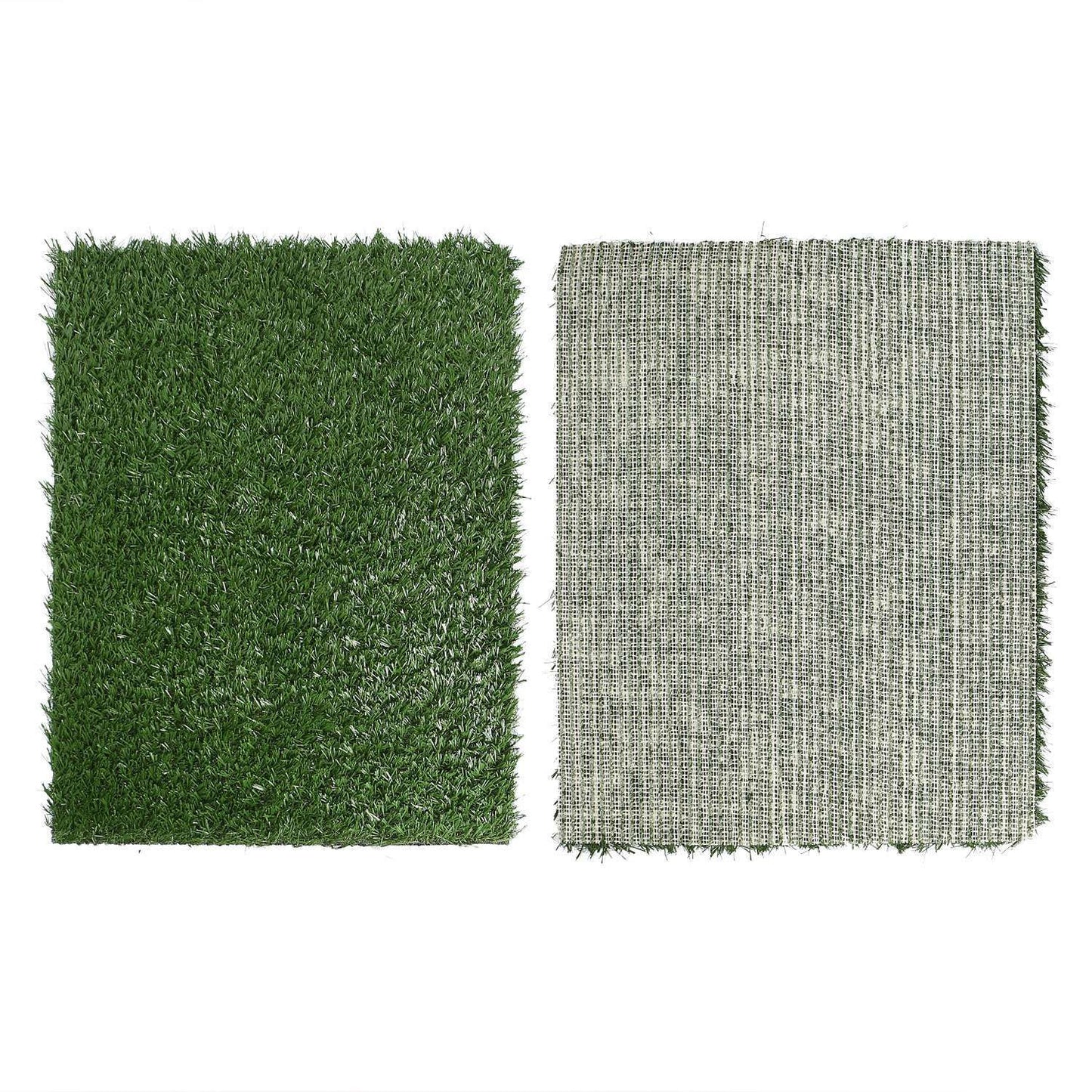 Top and underside views of turf mat showing dense blades and woven drainage backing