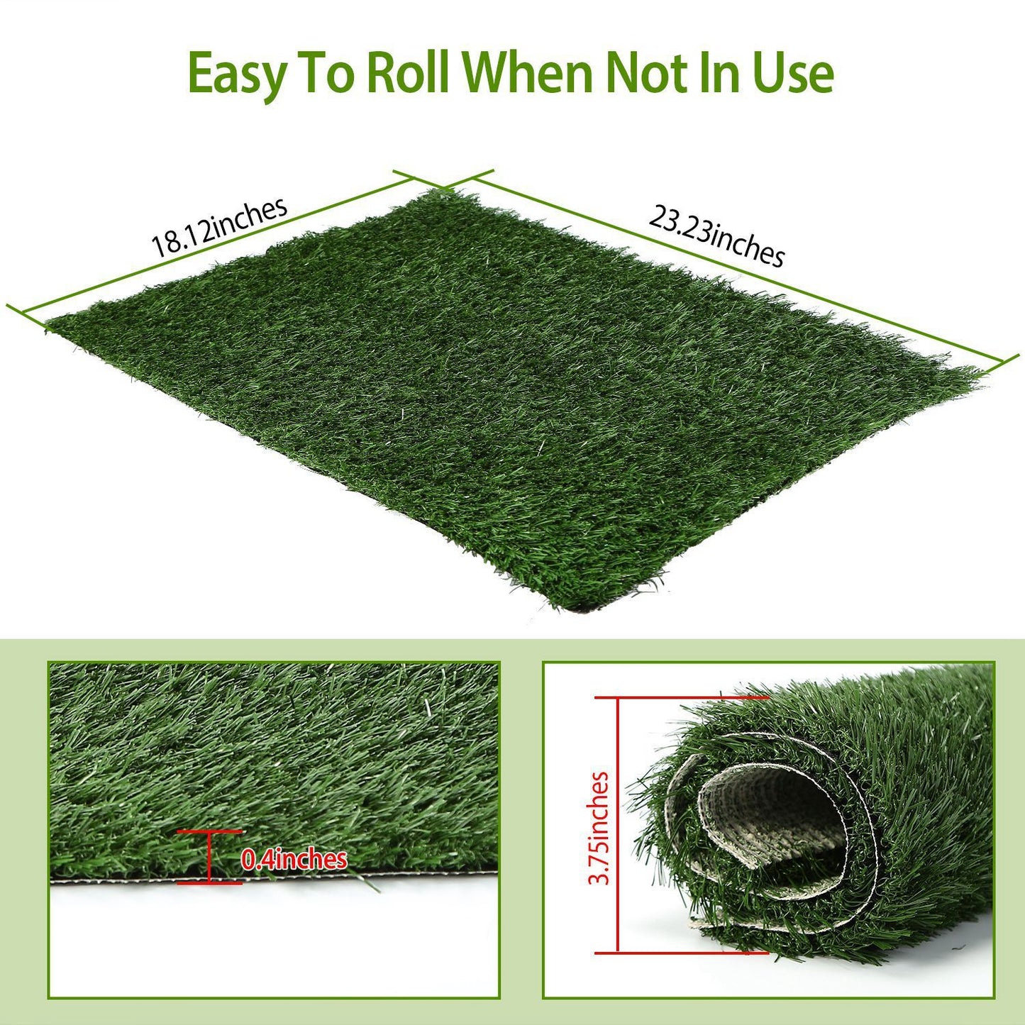 Grass mat diagram showing dimensions 23.23 x 18.12 inches and 0.4-inch pile height