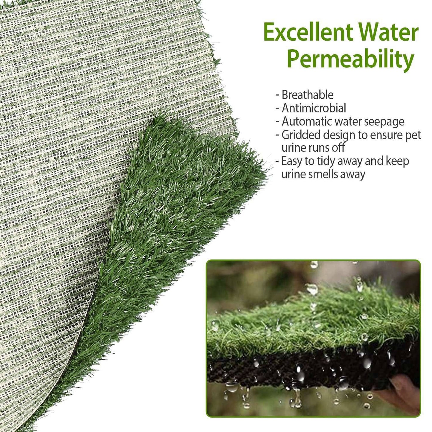 Underside of grass mat showing gridded backing with water draining to demonstrate permeability