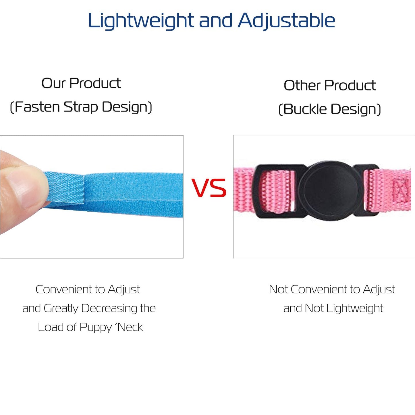 Fasten-strap adjustable design compared with a traditional buckle collar to show ease of adjustment