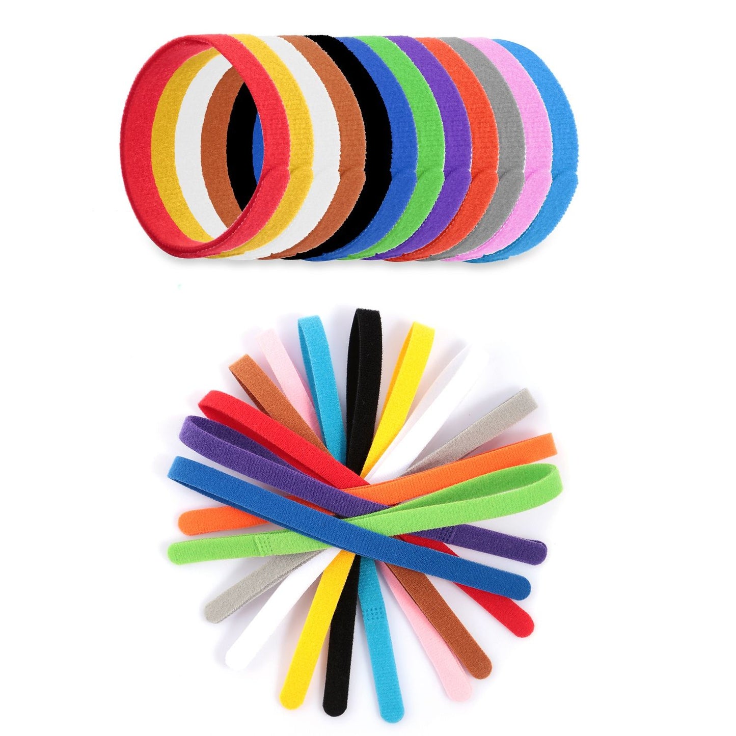 Stacked loop view and radial spread of the 12 colorful puppy ID collars