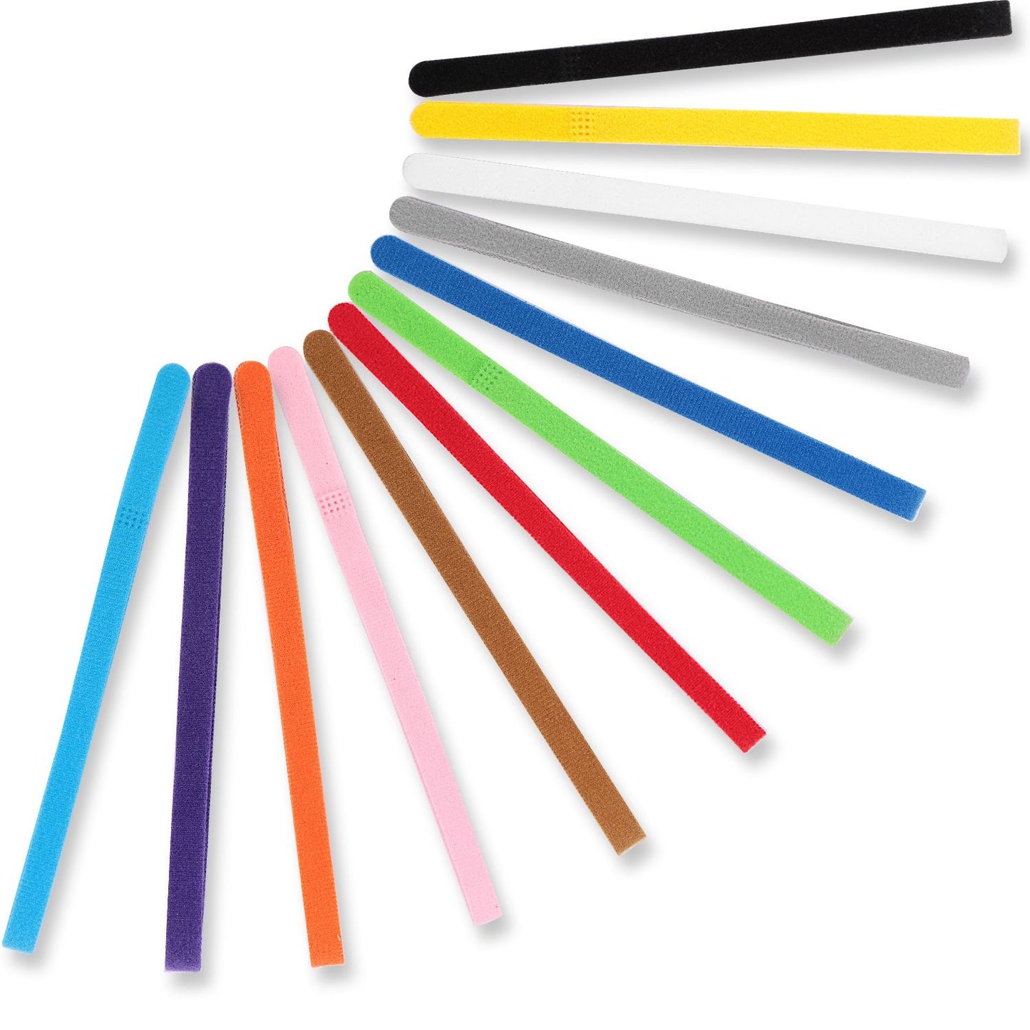 Fanned array of 12 thin colored whelping ID collar strips showing ends and color range