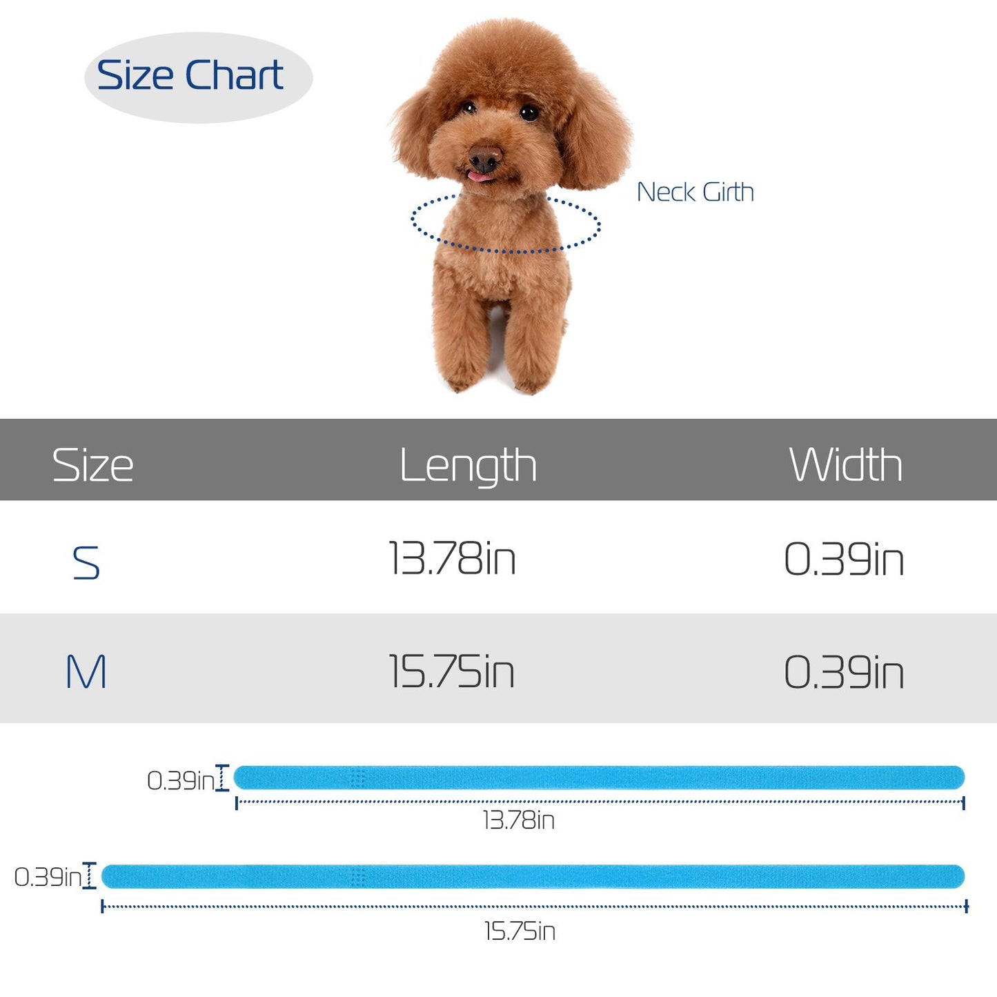 Size chart for the puppy ID collars with S 13.78in and M 15.75in length illustrations