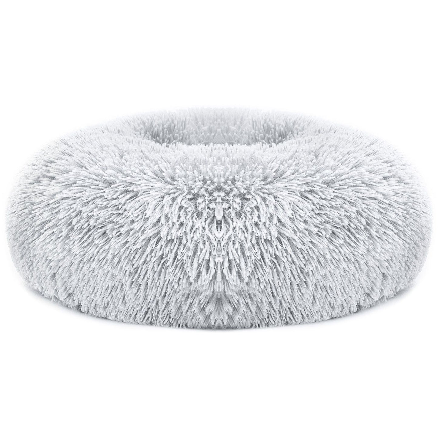 Light grey round plush donut pet bed with raised rim