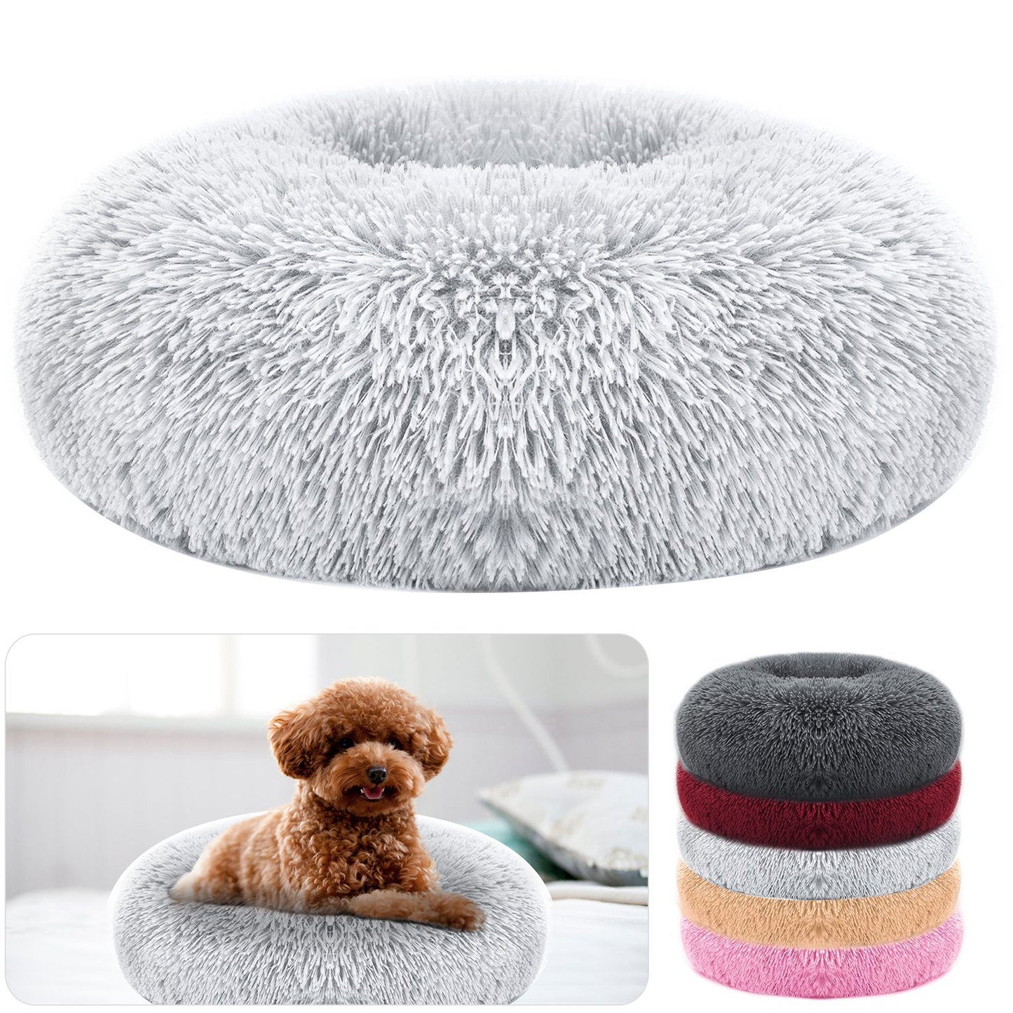 Grey donut bed with inset of dog and stacked color options showing plush texture