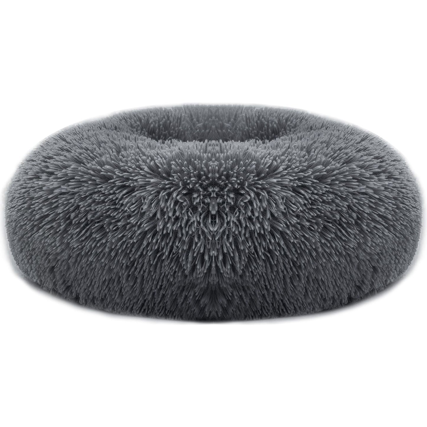 Dark grey round plush donut pet bed with fluffy surface and bolstered edge