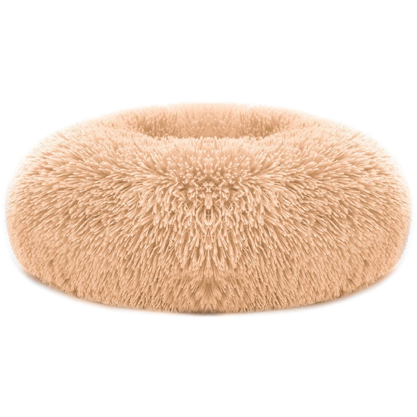 Apricot beige round plush donut pet bed with raised rim on white background