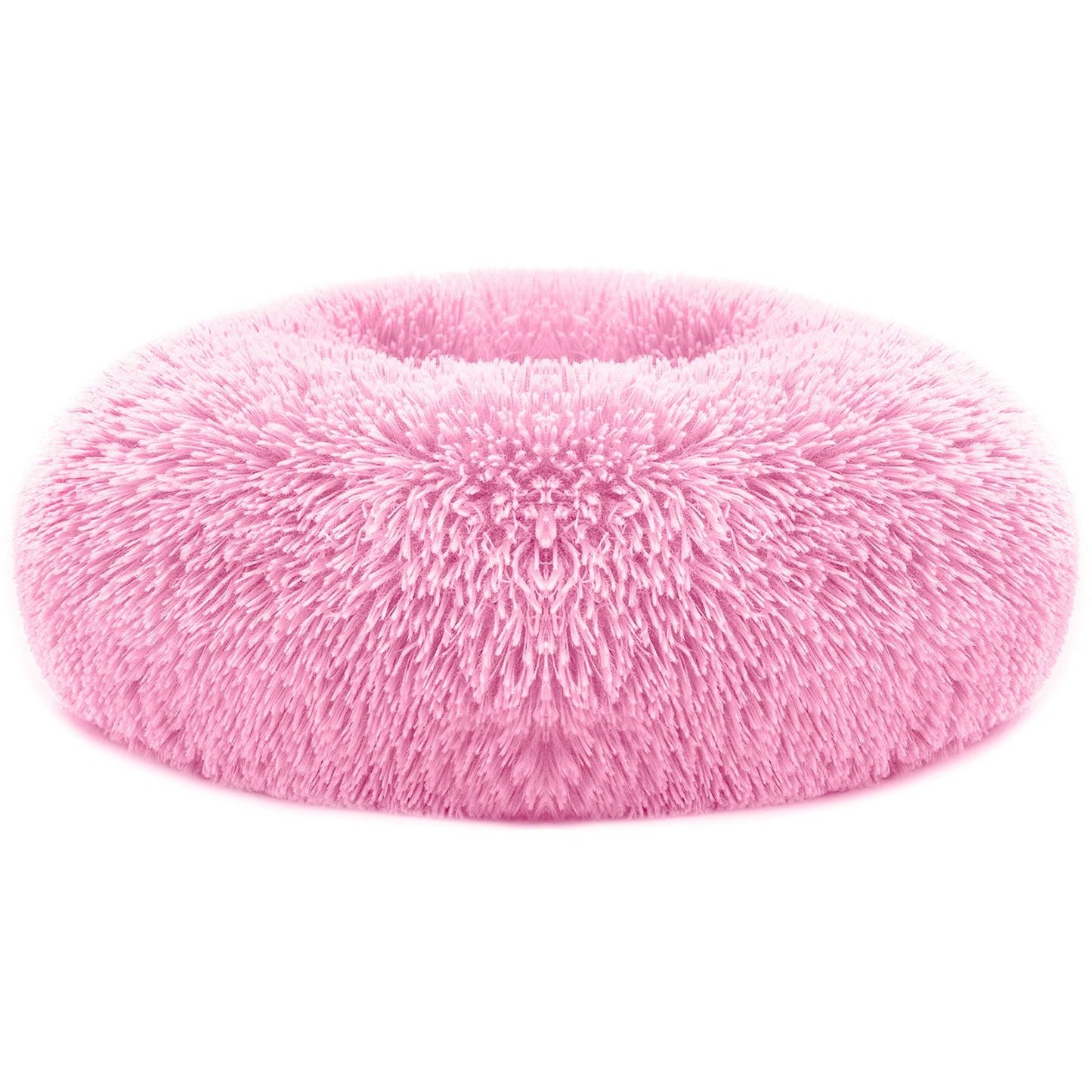 Pink round plush donut pet bed with raised bolstered rim