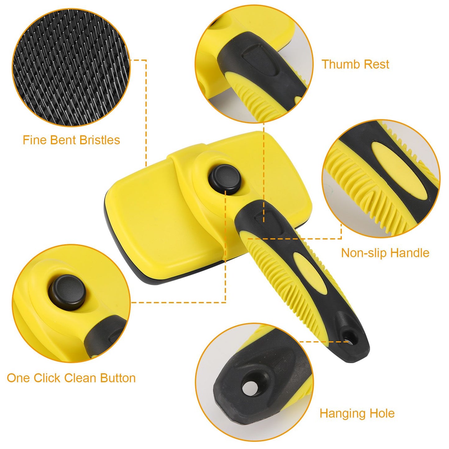 Collage showing brush bristles, thumb rest, one-click button, non-slip handle and hanging hole