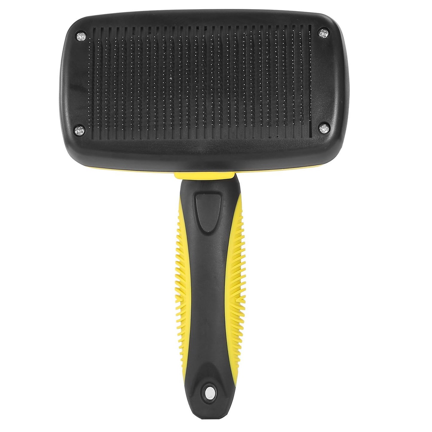 Top view of yellow slicker brush with dense black bristle pad