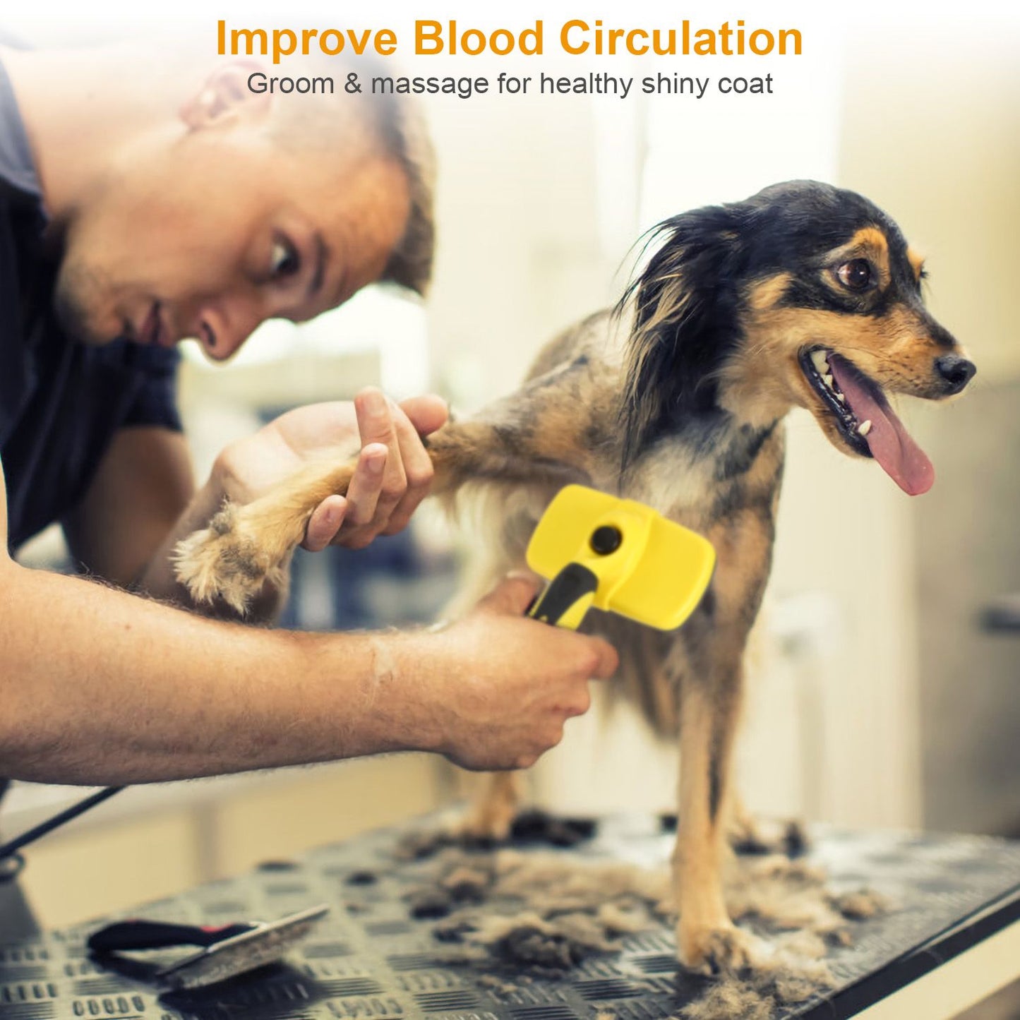 Person using yellow self-cleaning slicker brush to groom a small dog on a table