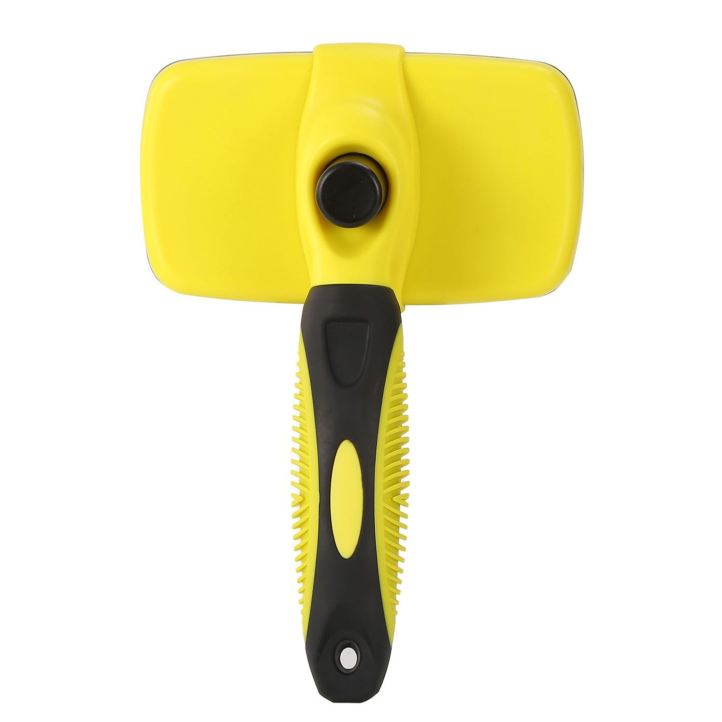 Back view of brush showing yellow cover, central clean button and contoured black-and-yellow handle