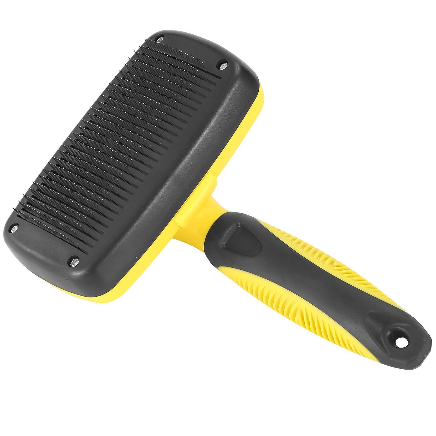 Perspective shot of rectangular bristle pad and yellow handle of slicker brush
