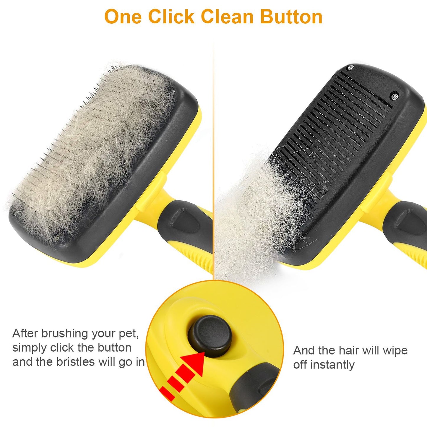 Brush with accumulated fur and button being pressed to eject hair from bristles