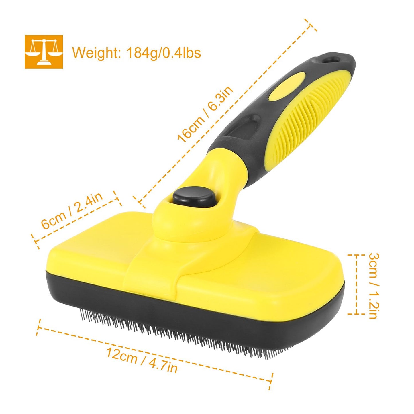 Angled brush showing dimensions and weight with yellow head and black handle