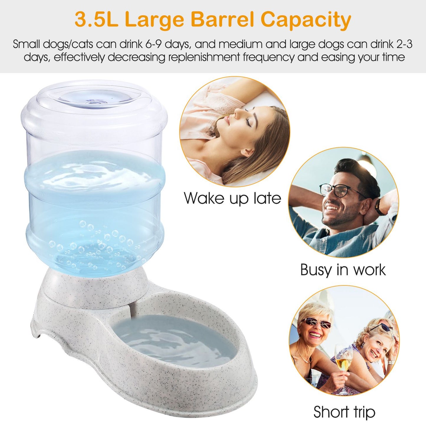 Promotional image showing the 3.5L pet water dispenser and text about reduced refill frequency