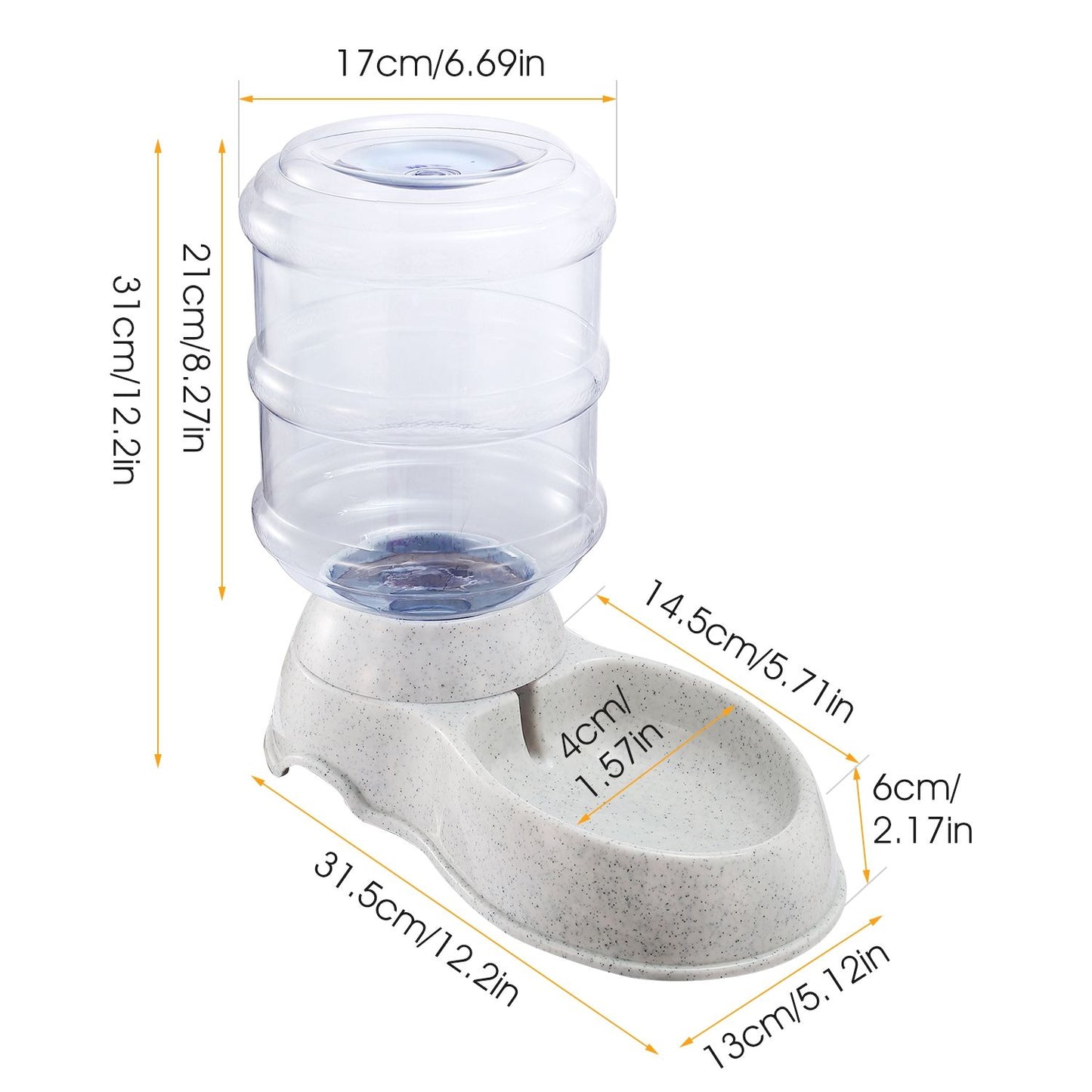 Dimension diagram of the pet water dispenser with length, width, and height measurements