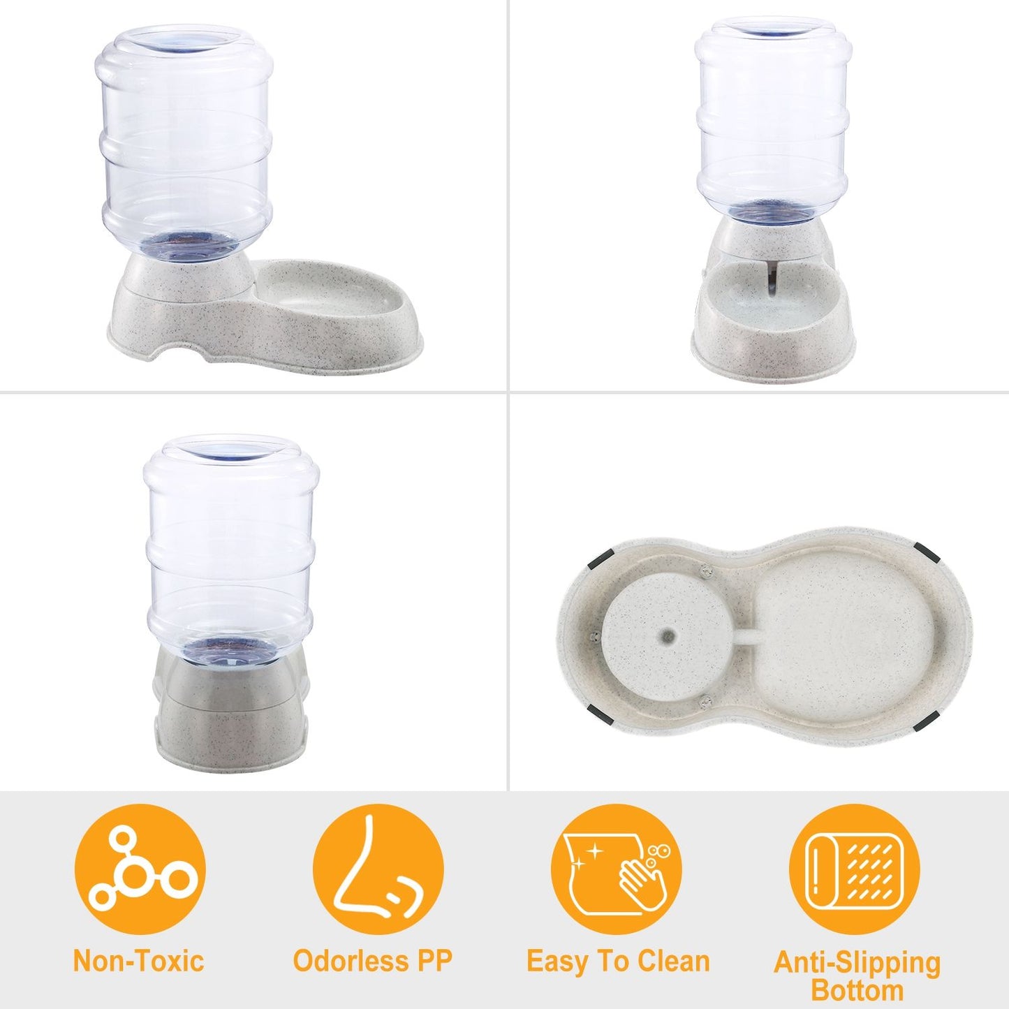 Collage of multiple angles and bottom view of the pet water dispenser with feature icons