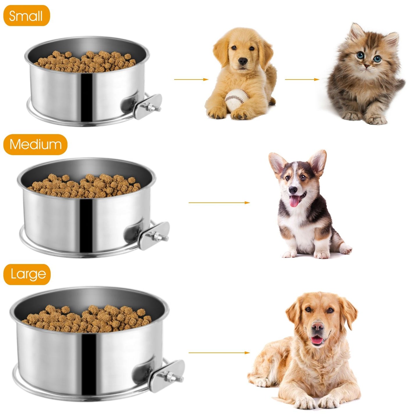 Three bowl sizes shown with suggested pet types to illustrate small medium and large options