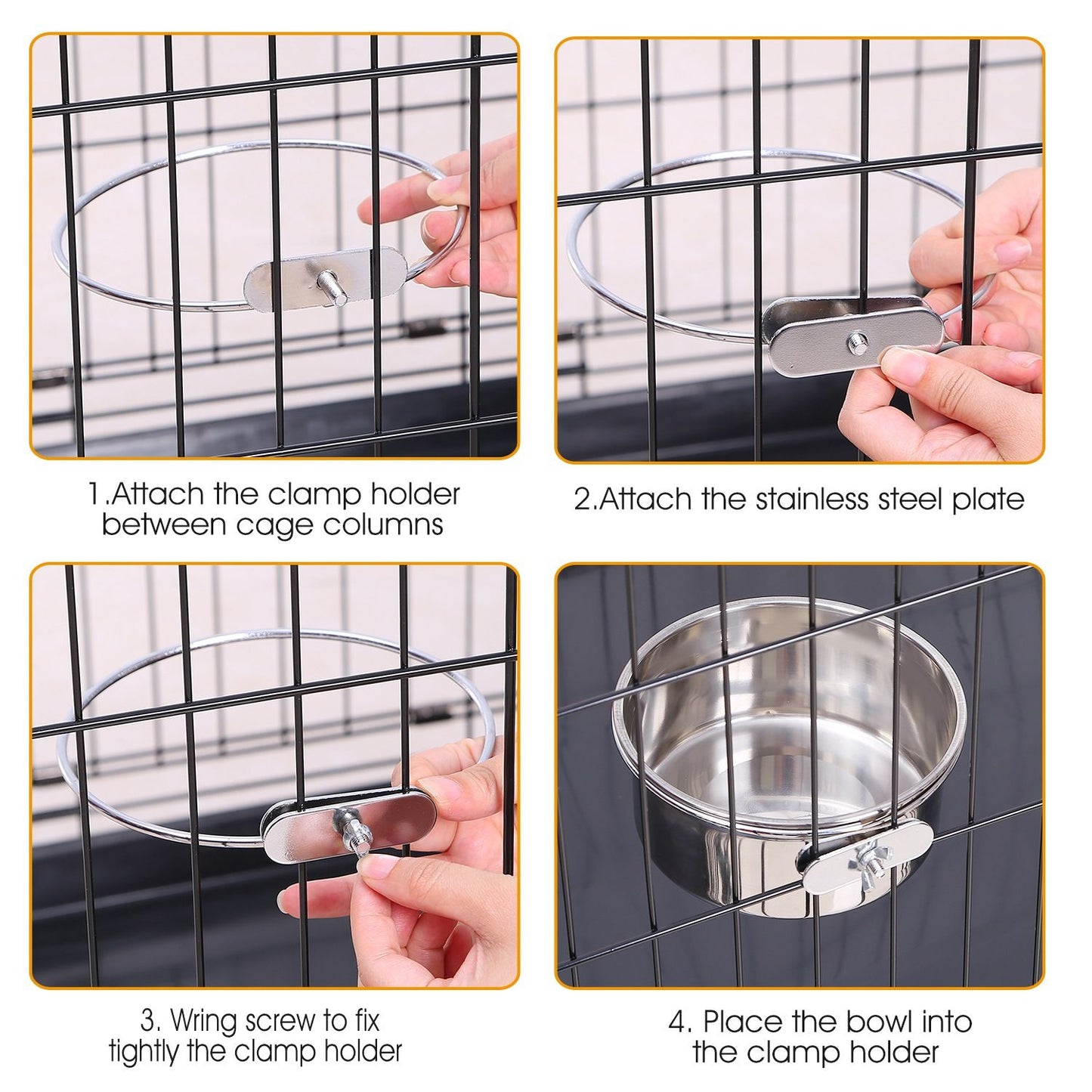 Four-step close-up assembly guide showing clamp holder, plate, screw tightening and placing the bowl on a cage