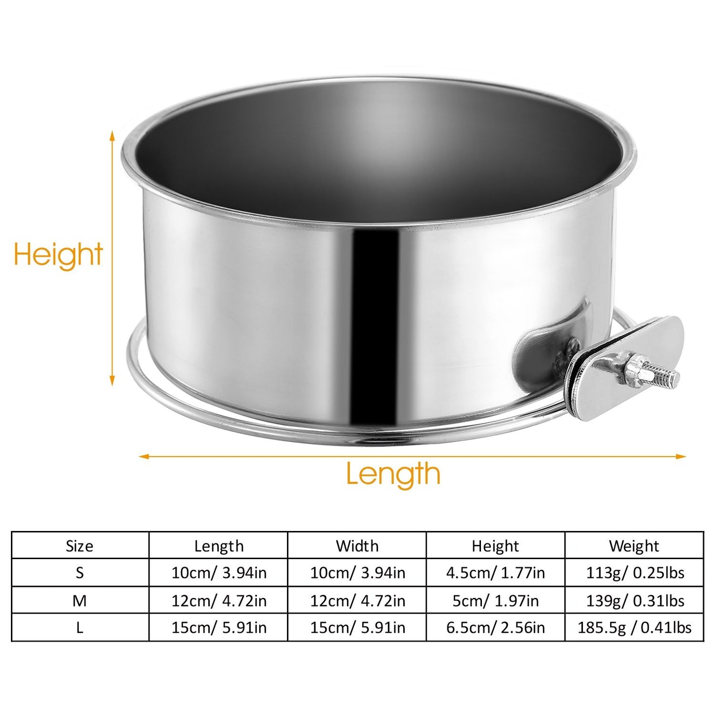Dimension image with size table for small, medium and large stainless bowls showing measurements and weights