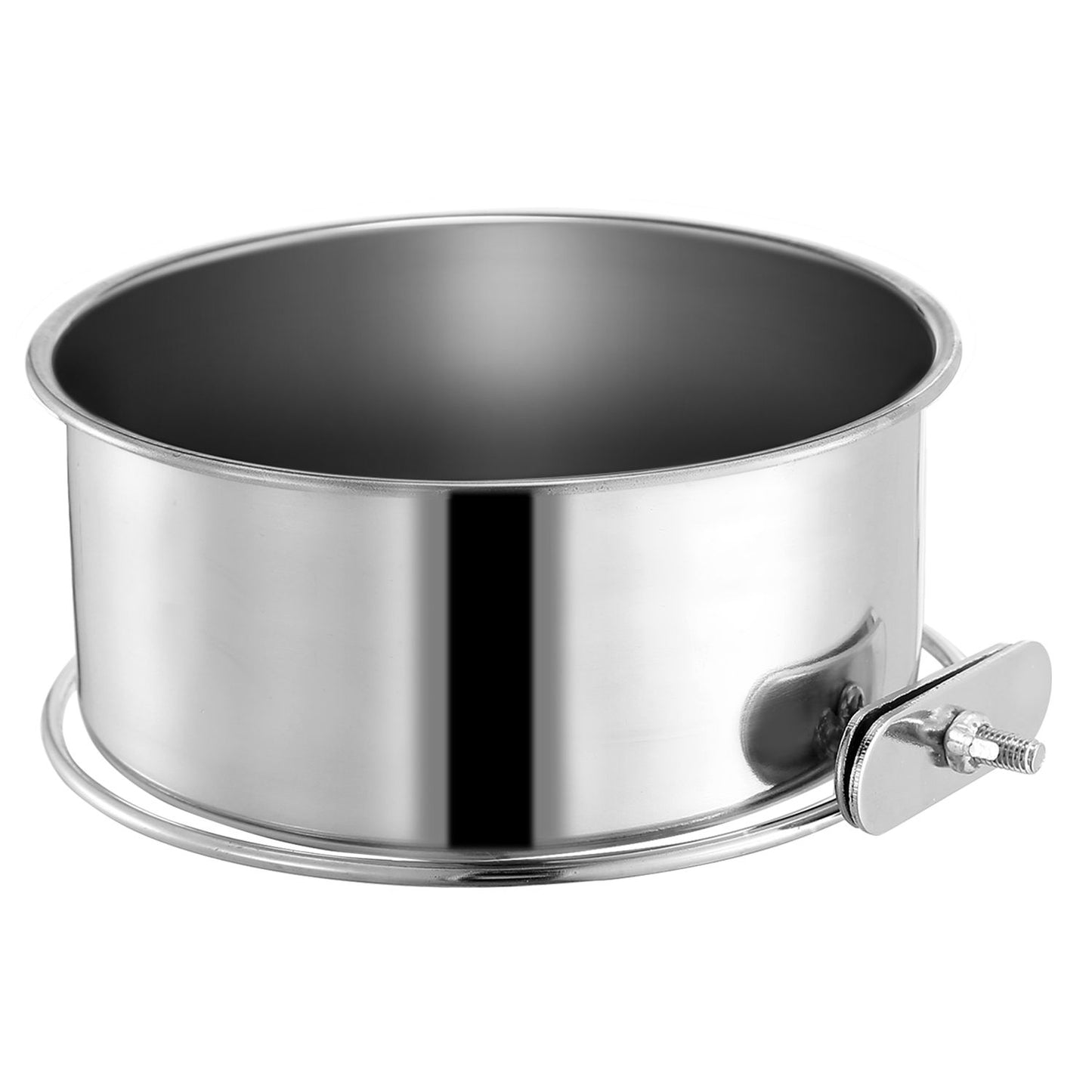 Studio close-up of stainless steel pet bowl with visible clamp holder and round base ring