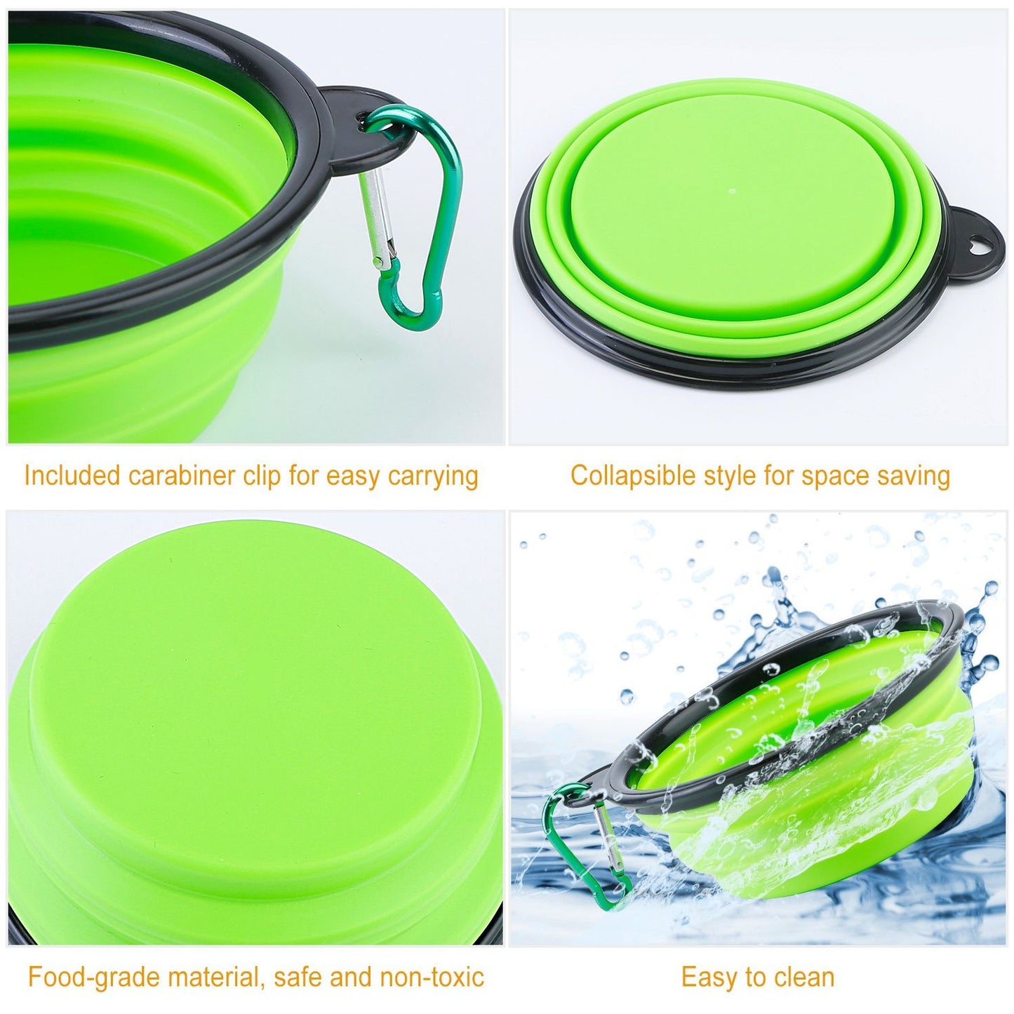 Close-up views of green collapsible silicone travel bowl with carabiner and flat collapsed profile