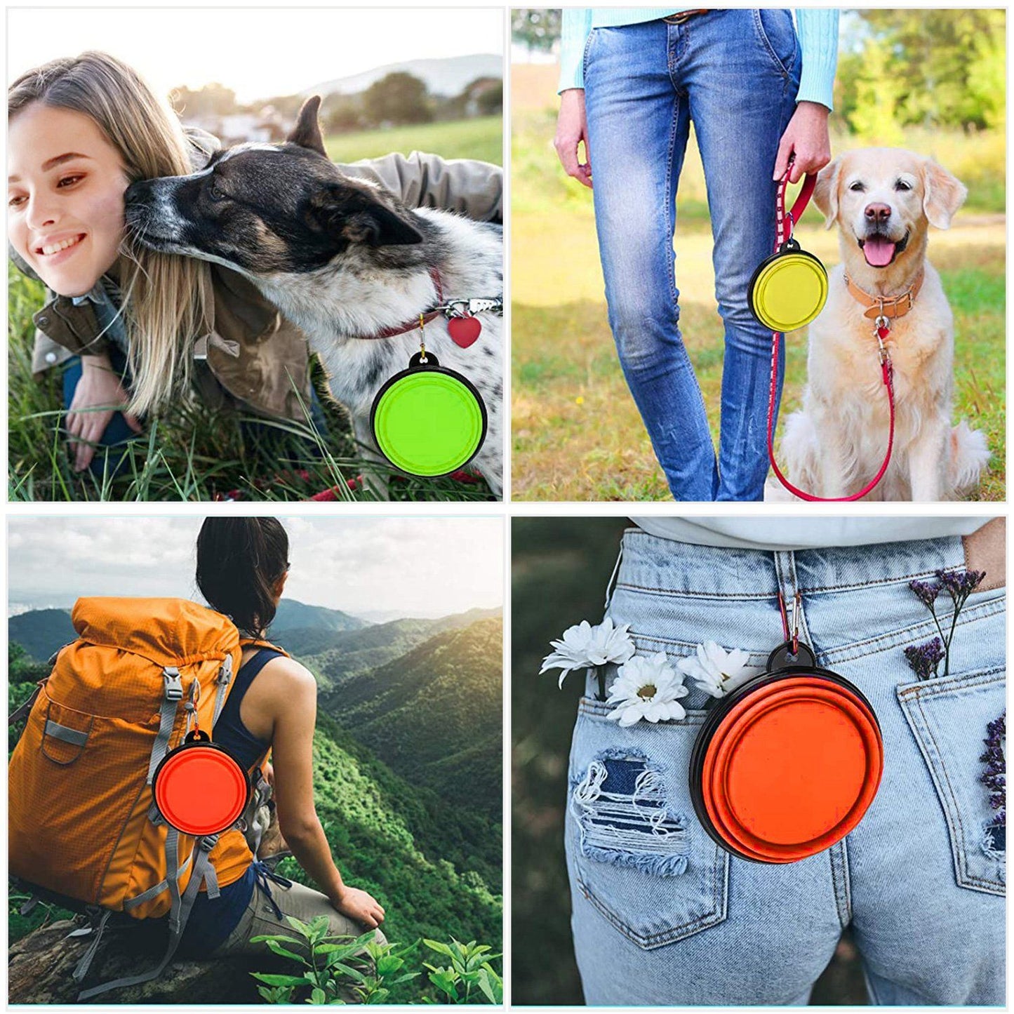 Collage showing collapsible bowl clipped to leash, backpack and pocket for travel and walks