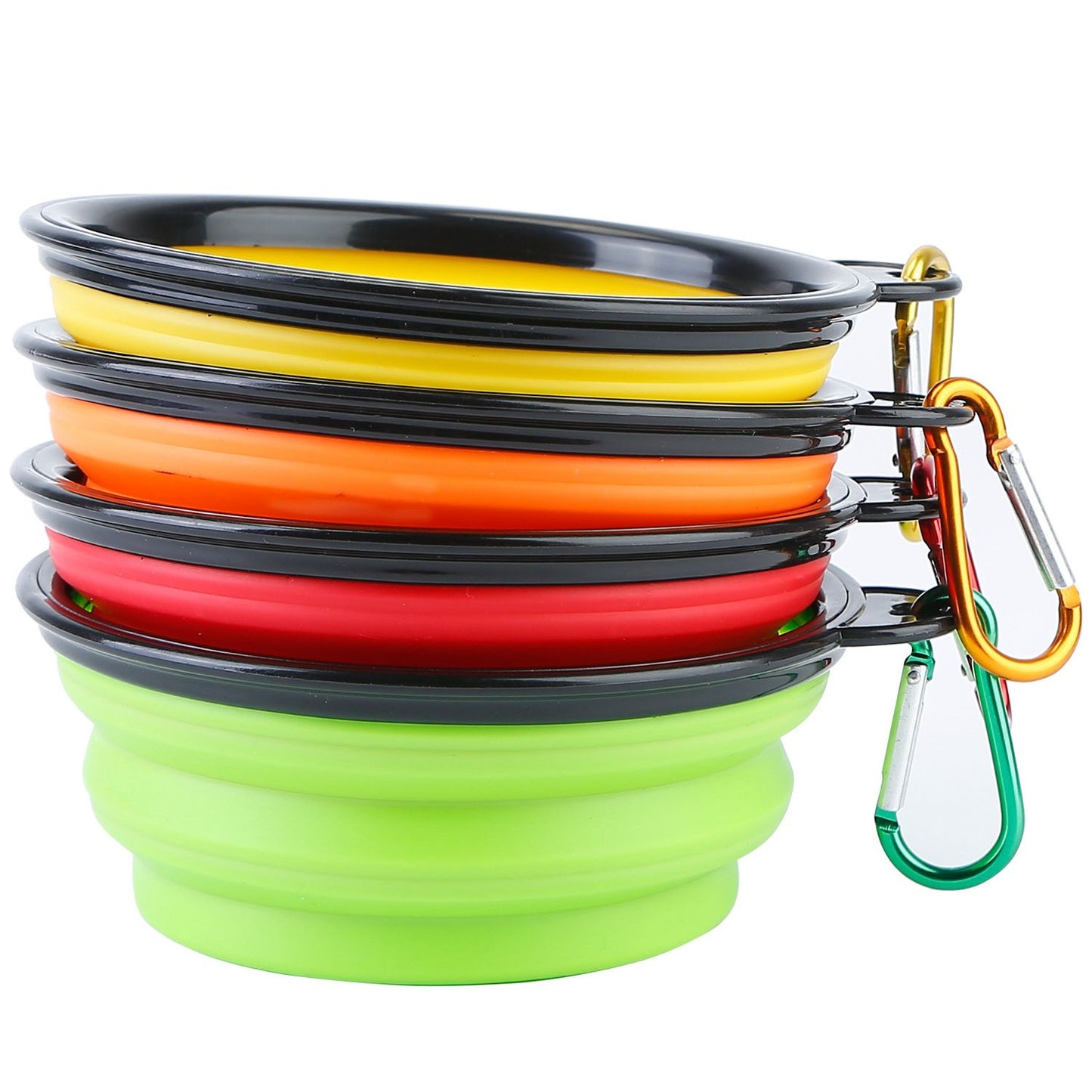 Stacked set of four nested collapsible dog bowls in yellow, orange, red and green with carabiners
