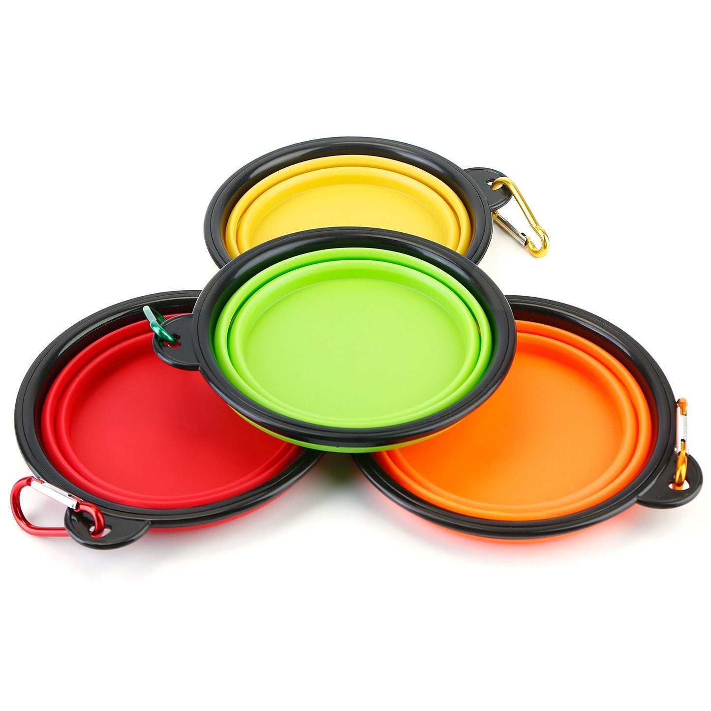 Three collapsed travel bowls displayed flat showing colored interiors and attached carabiners