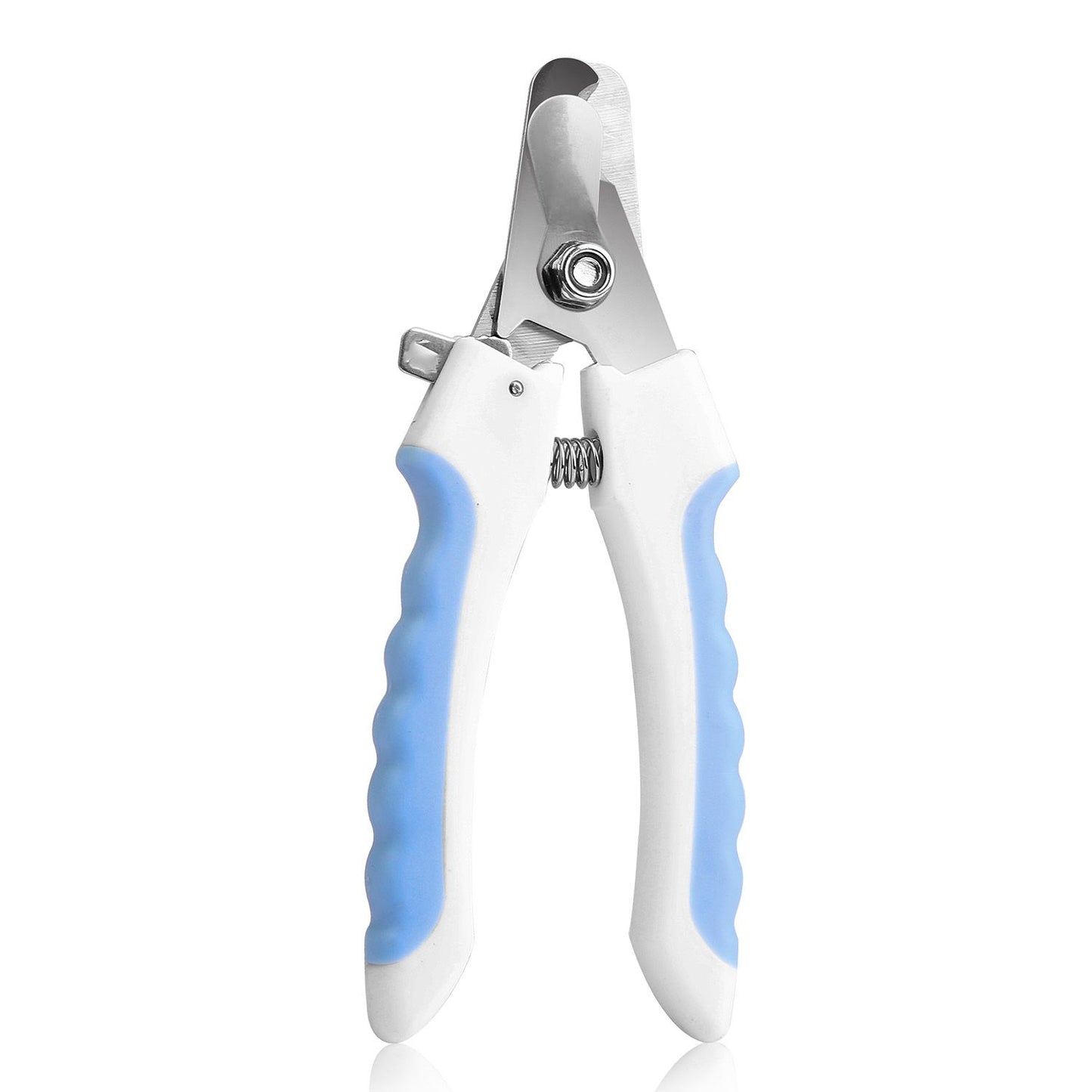 Back view of pet clippers showing safety lock latch and blue rubber grips