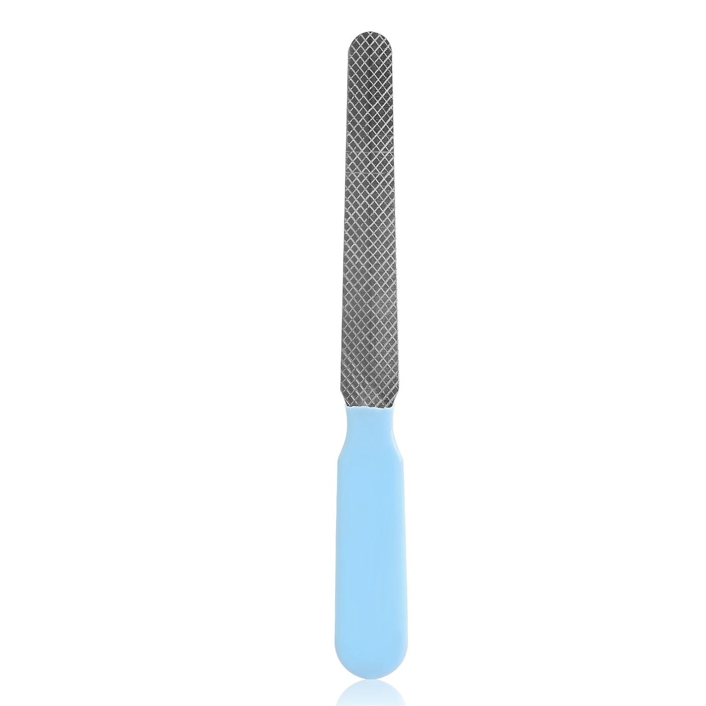 Metal nail file with textured filing surface and blue plastic handle