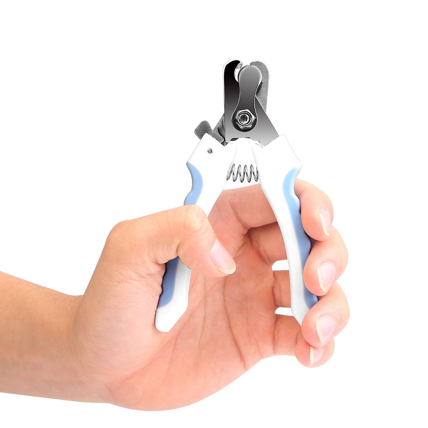 Pet nail clippers held in a hand to show scale and rubber grip