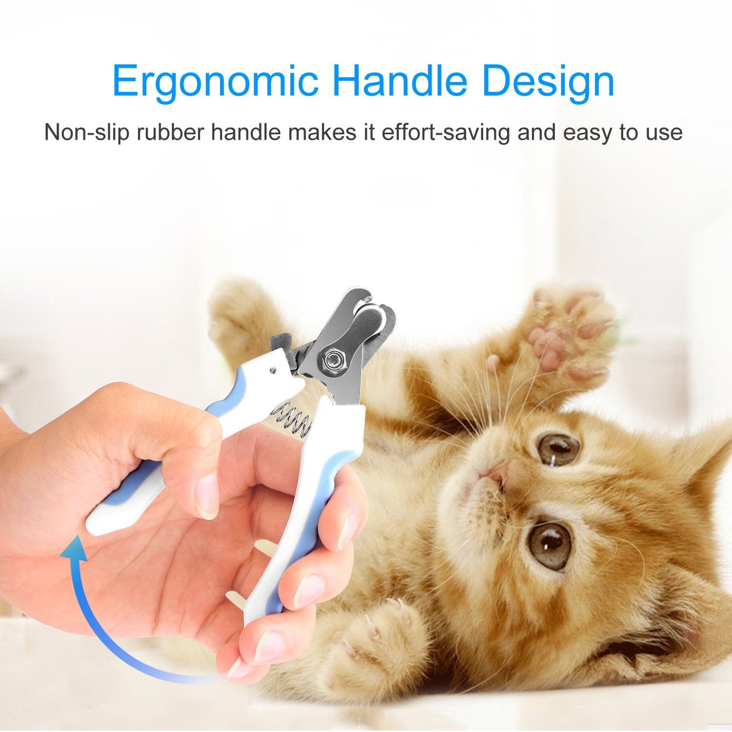Hand holding clipper to show ergonomic non-slip handle with kitten in background
