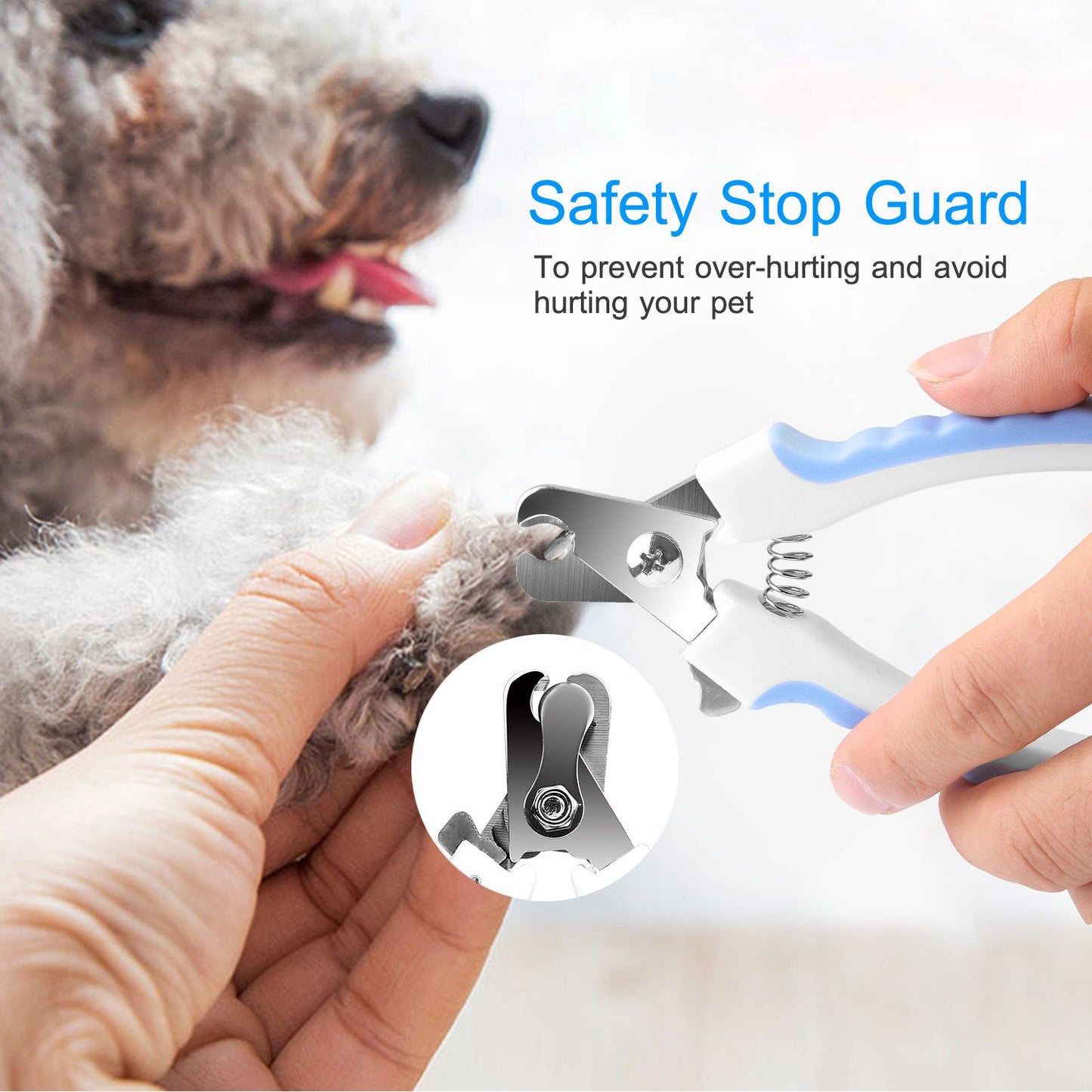 Hand-held clipper trimming small dog's nail showing safety stop guard
