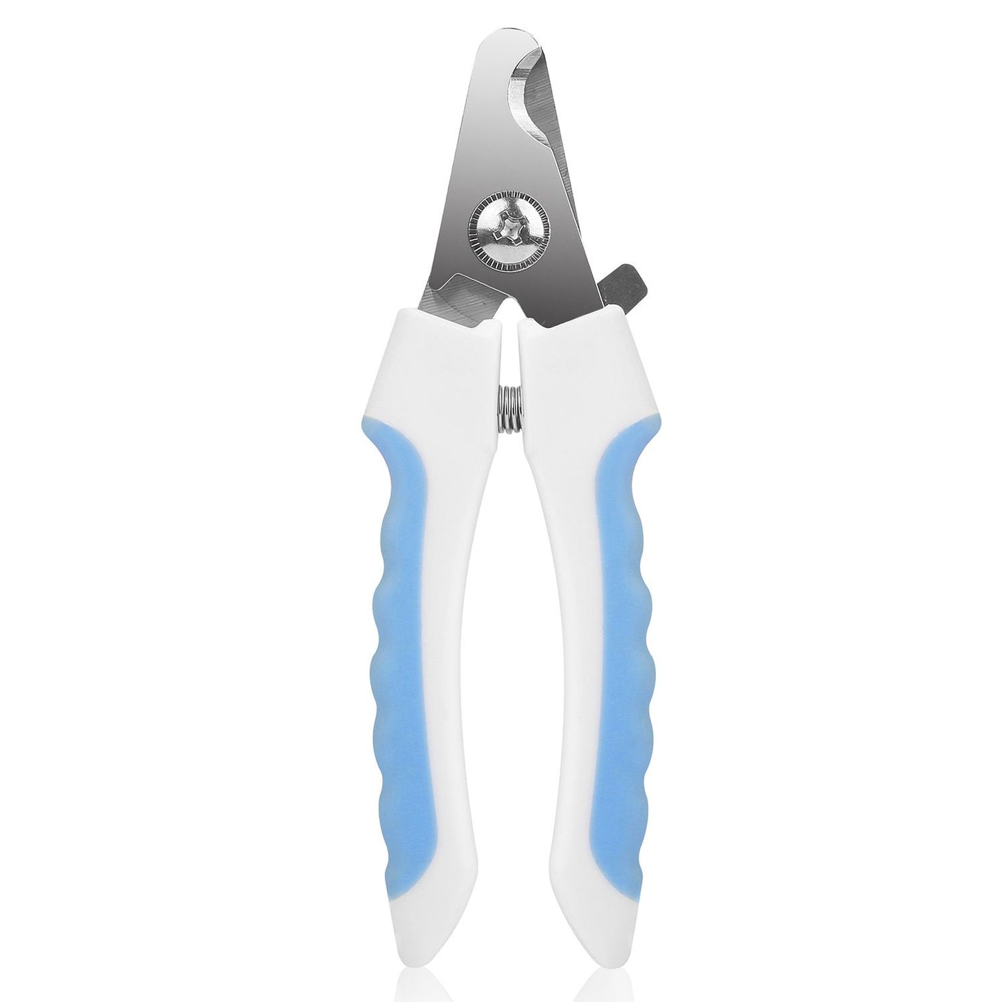 Front view of closed blue and white pet nail clippers showing blade and handles