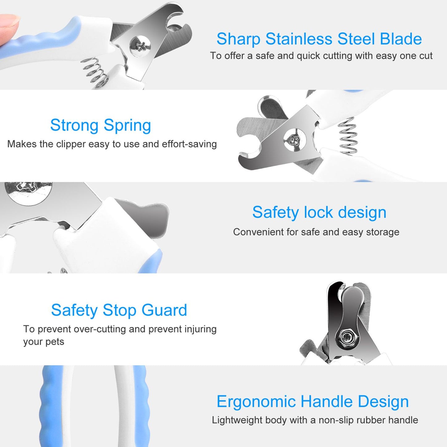 Collage highlighting sharp stainless steel blade, strong spring and safety lock features
