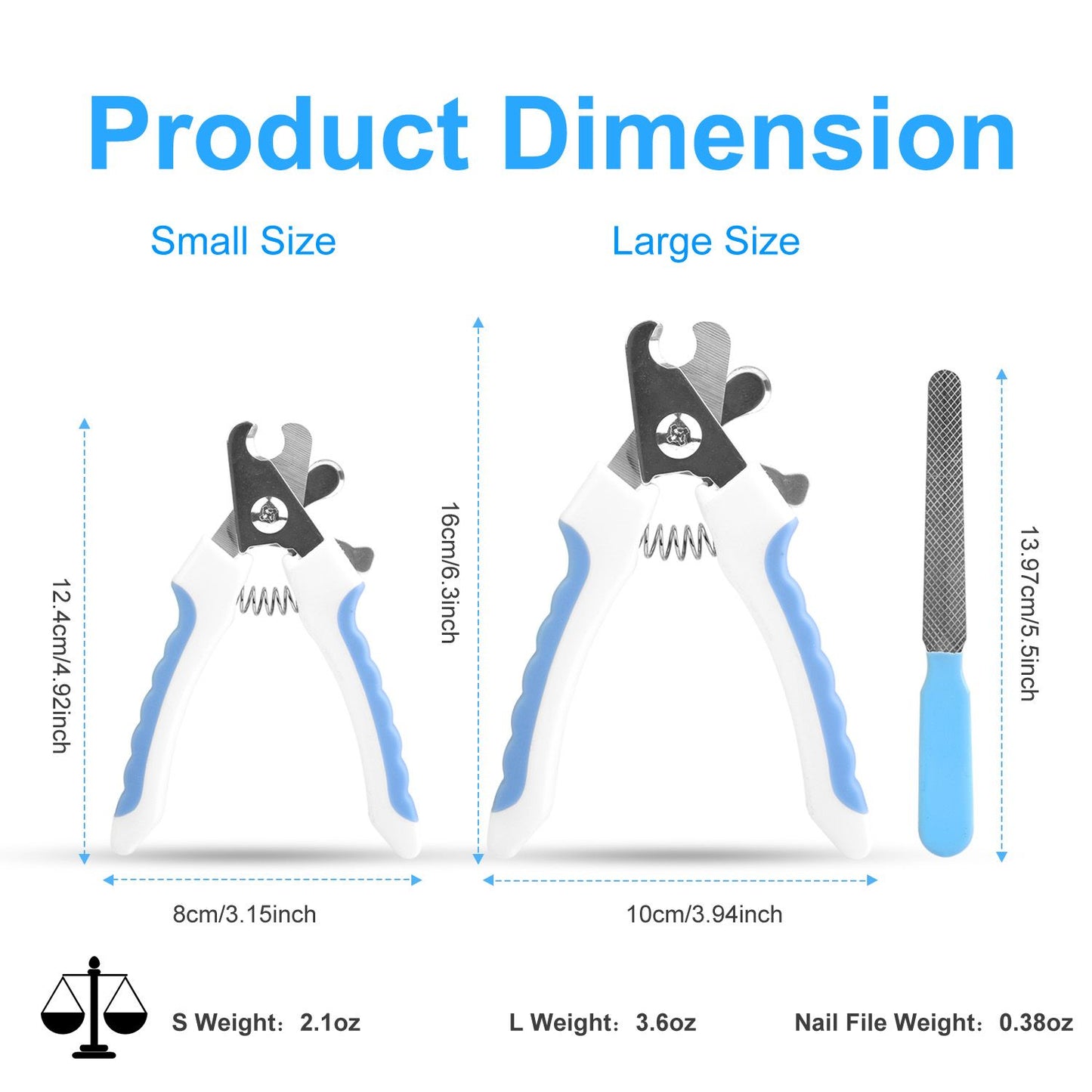 Product dimensions infographic showing small and large clipper sizes and nail file measurements
