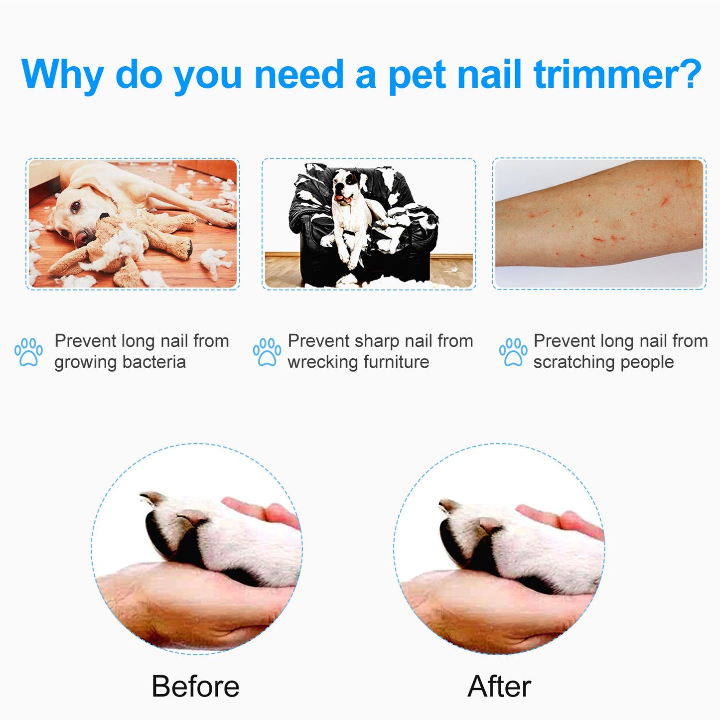 Infographic listing reasons to use pet nail trimmer with before and after paw photos