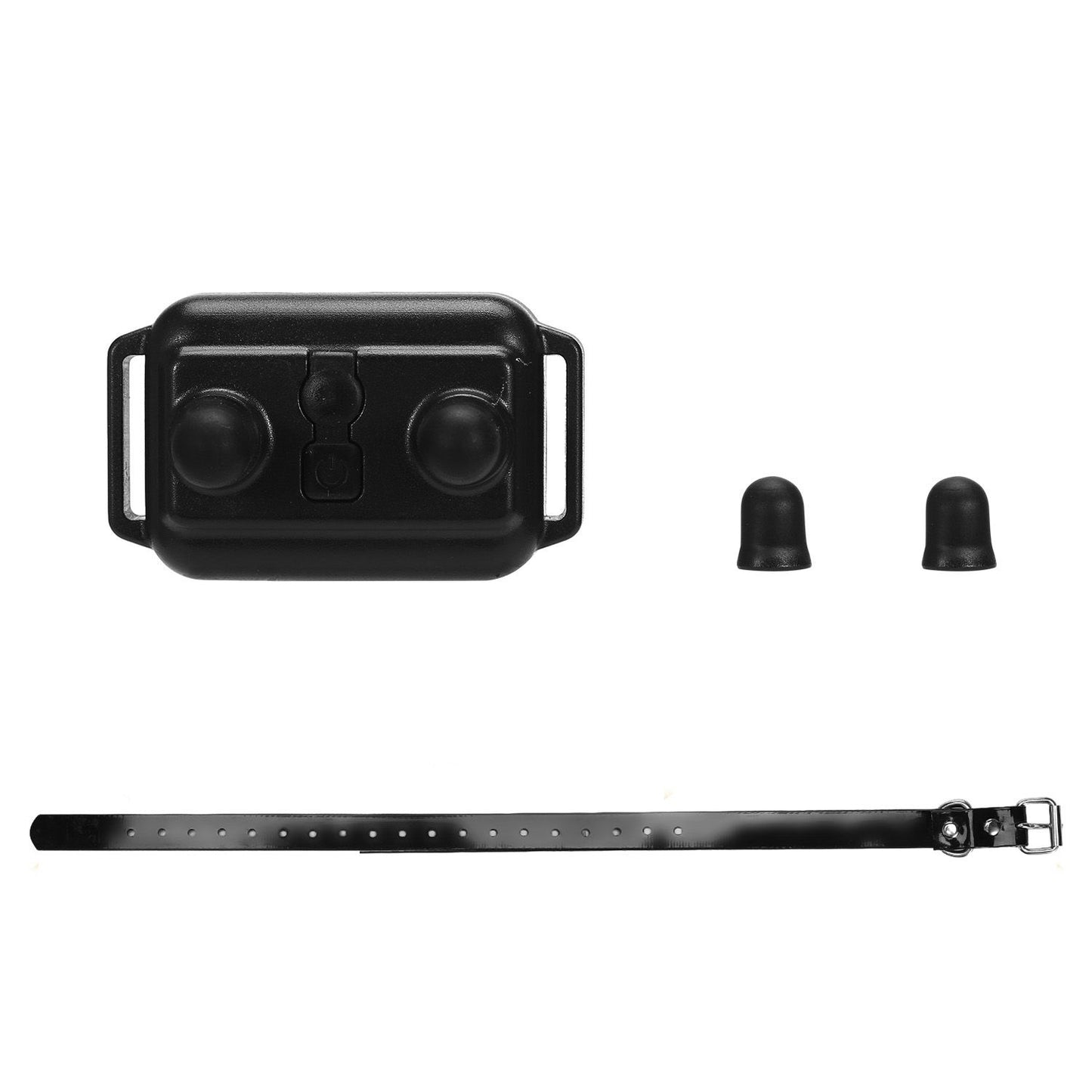 Flat lay of collar components: black receiver, two silicone contact caps and adjustable black strap