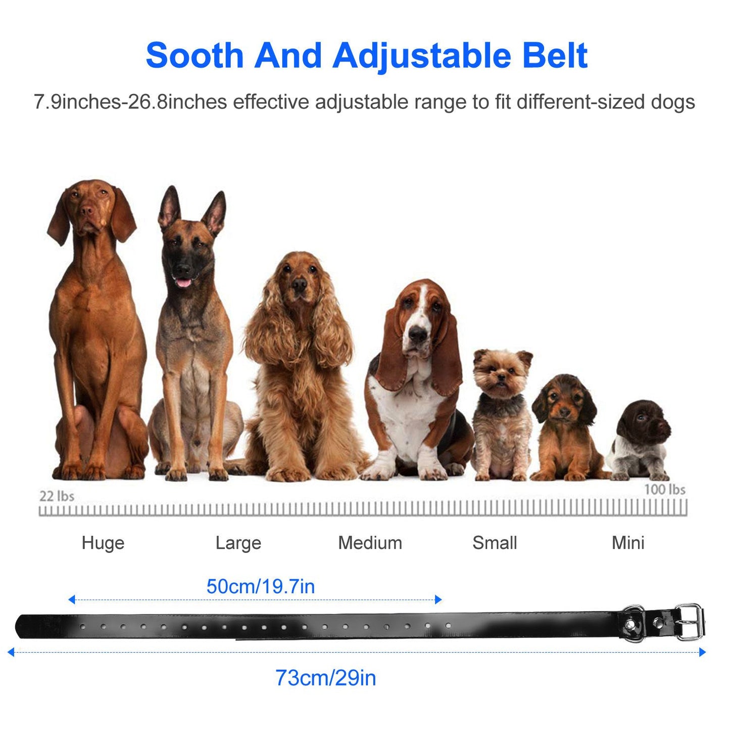 Adjustable black collar belt laid flat with size markings and dog size illustrations