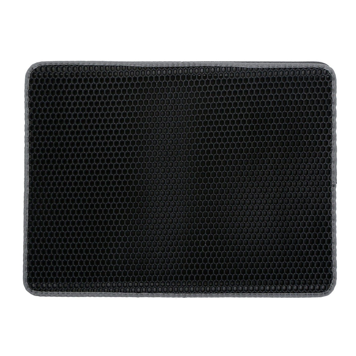 top-down view of rectangular black honeycomb cat litter mat with gray bound edges