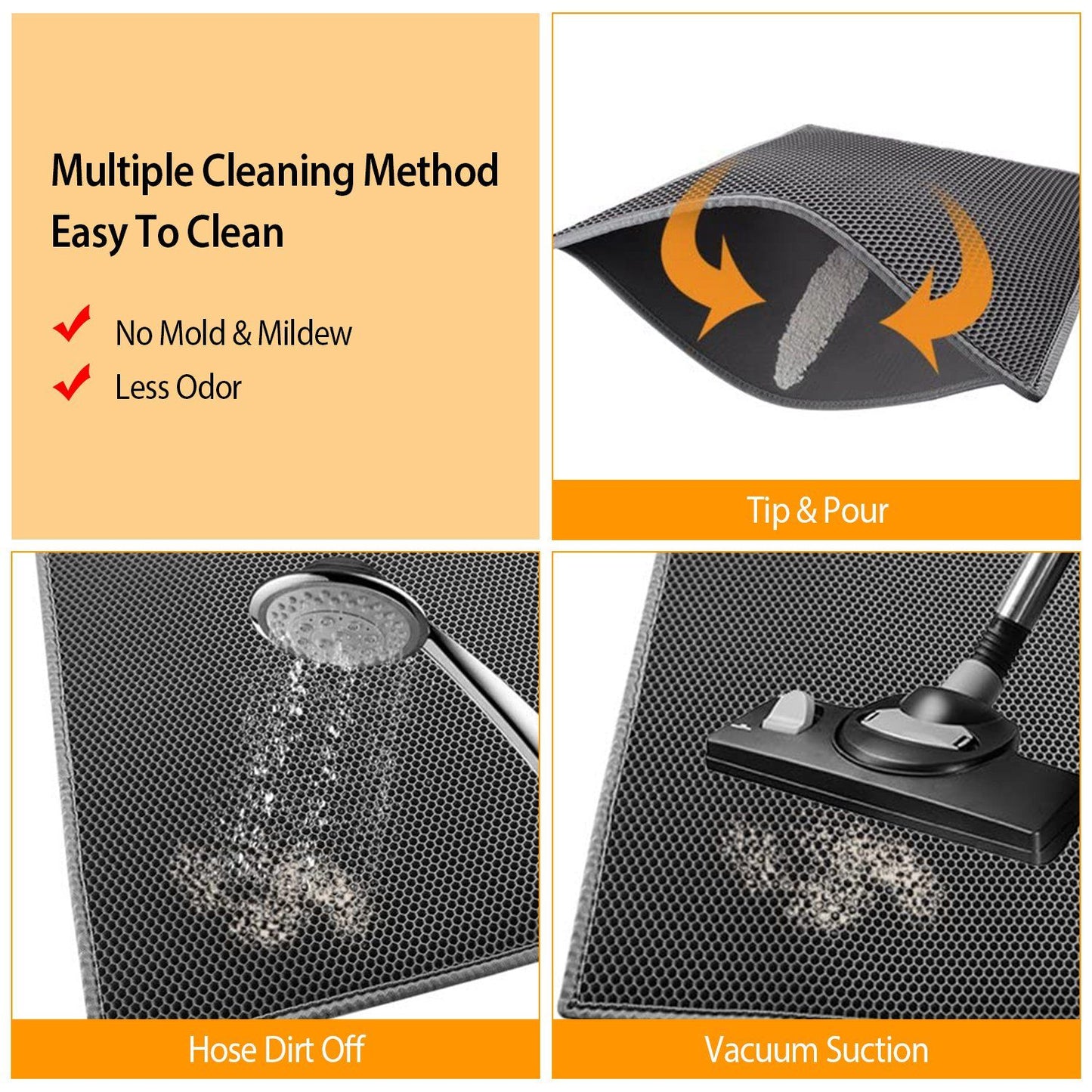 three-panel cleaning demo of mat with tip and pour rinse and vacuum options for maintenance