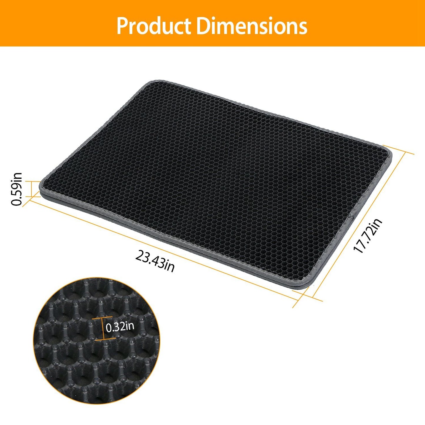 black honeycomb litter mat with dimensions 23.43x17.72x0.59 inches and 0.32 inch honeycomb holes