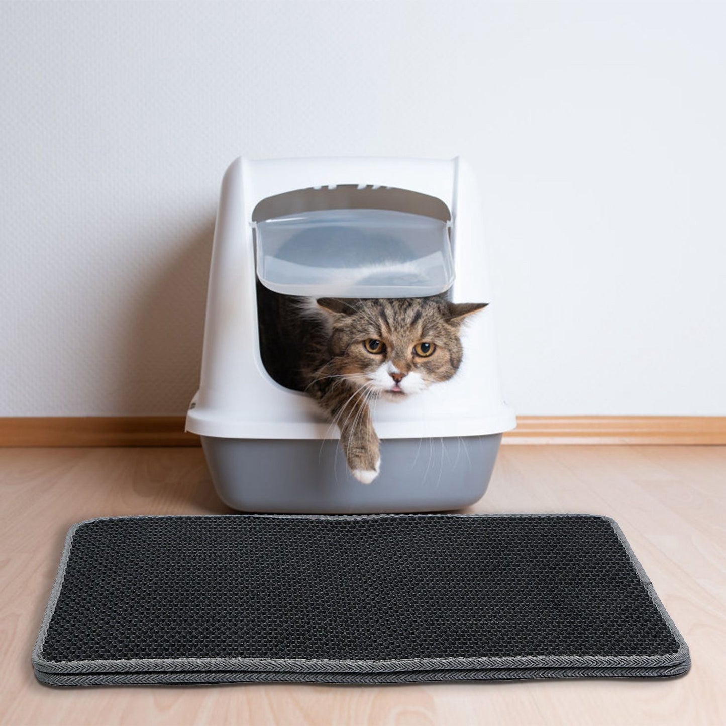 hooded litter box with black honeycomb mat placed in front on light wood floor to catch litter