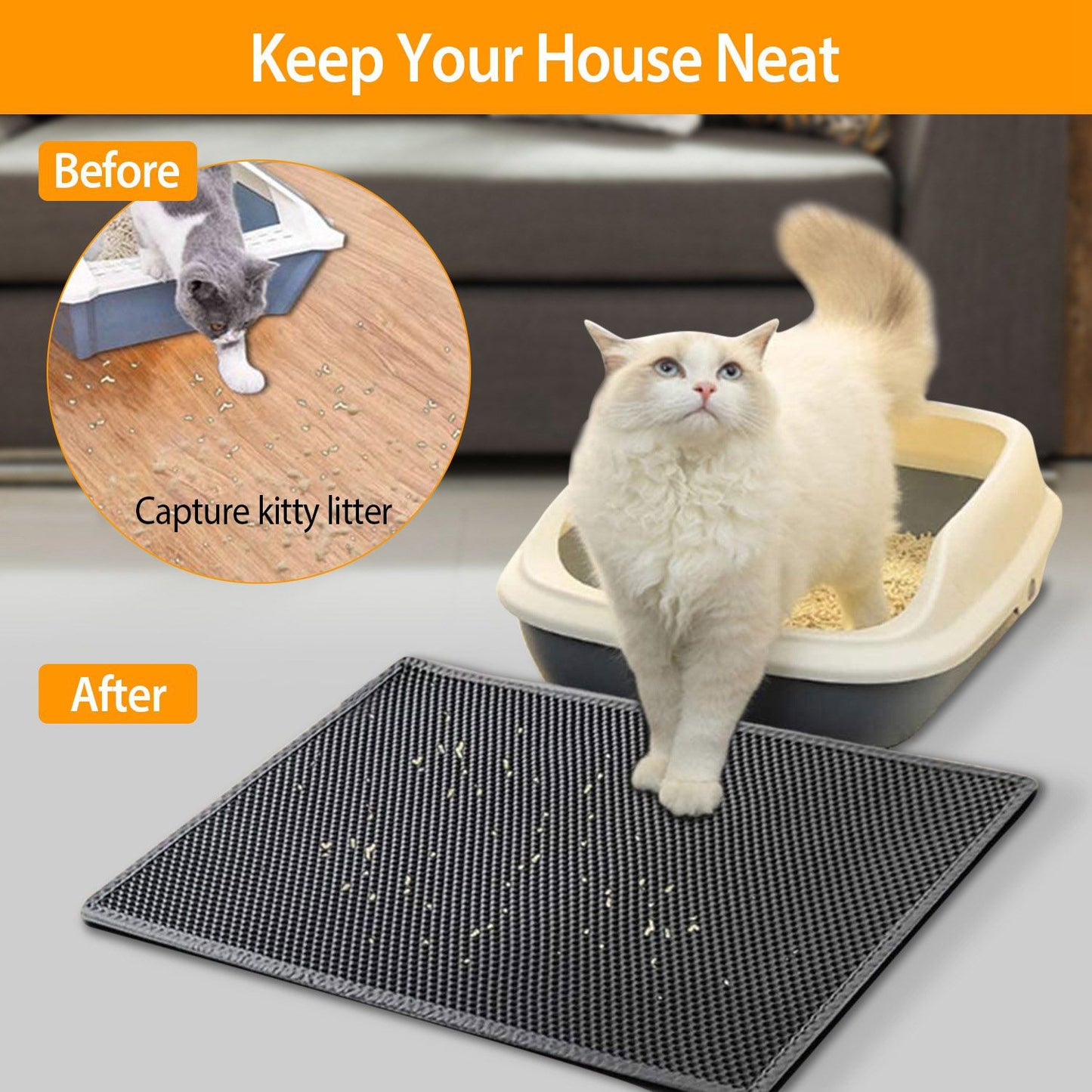 cat stepping from hooded litter box onto black honeycomb mat that captures scattered litter