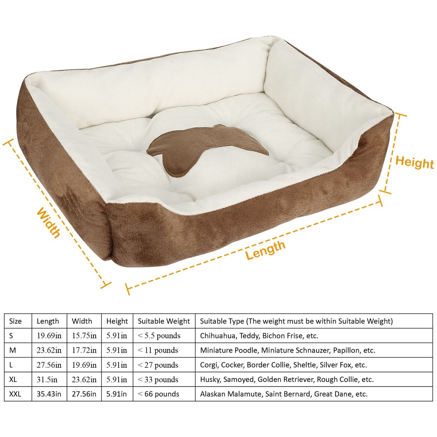 Rectangular pet bed with dimension lines and sizing chart for S to XXL options