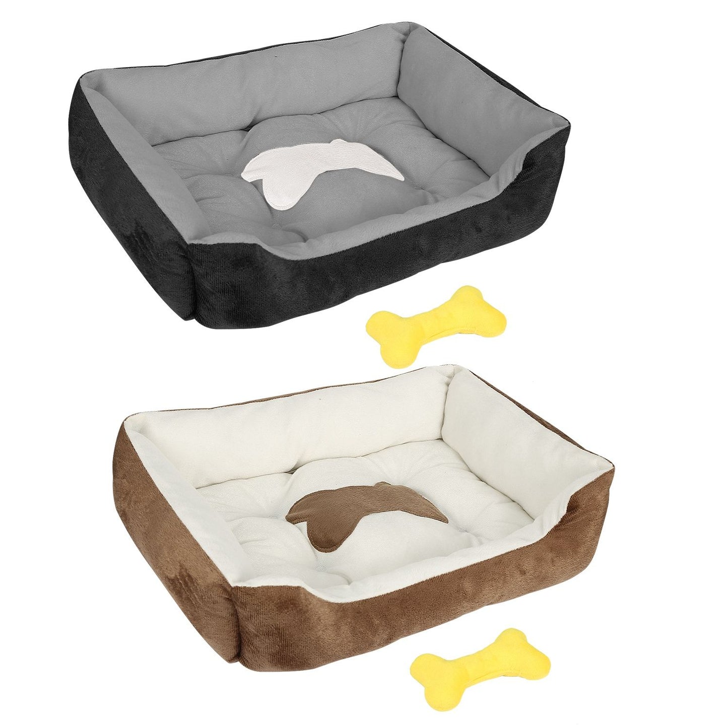 Size chart showing S to XXL bed dimensions with example breeds and weight recommendations