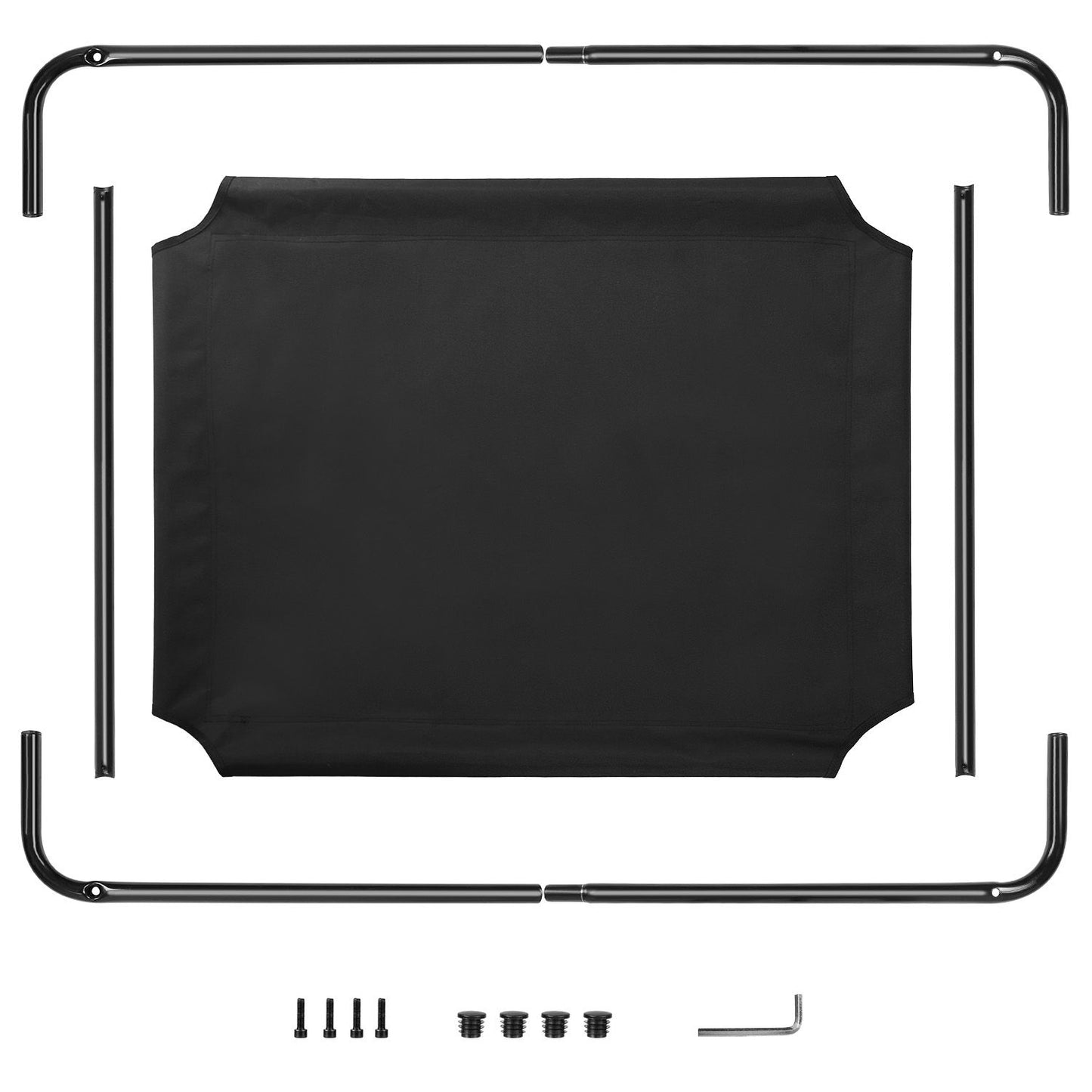 Flat-lay of disassembled pet bed parts including frame tubes, cloth, screws and hex tool