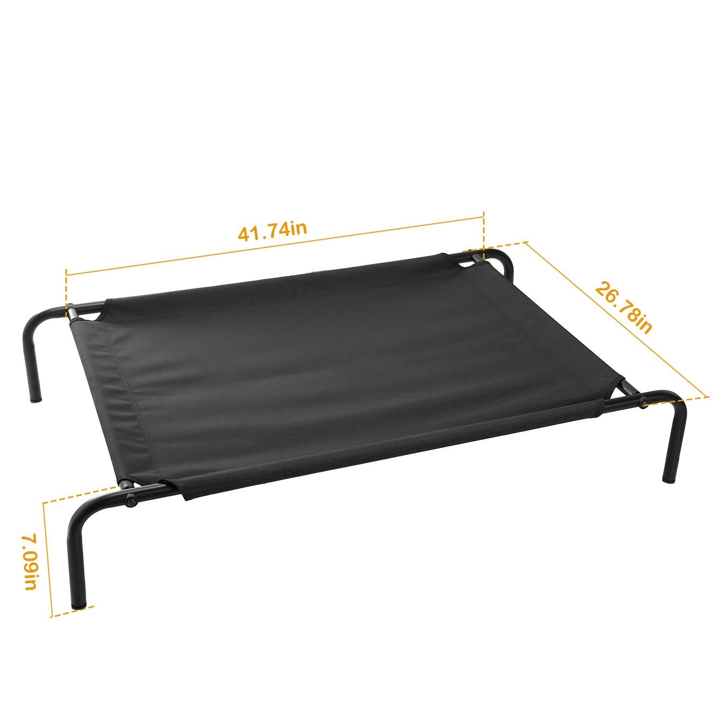 Elevated pet bed with size callouts 41.74in x 26.78in and 7.09in height
